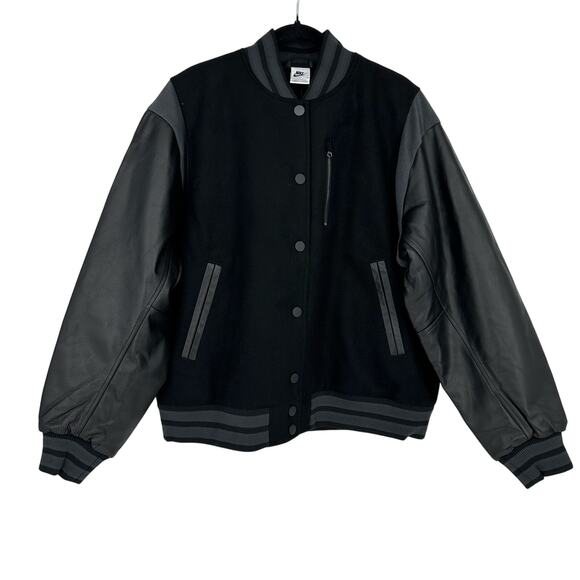 Nike Sportswear Oversized Wool Leather Destroyer Jacket Womens XL FN3672 Black - Picture 2 of 14